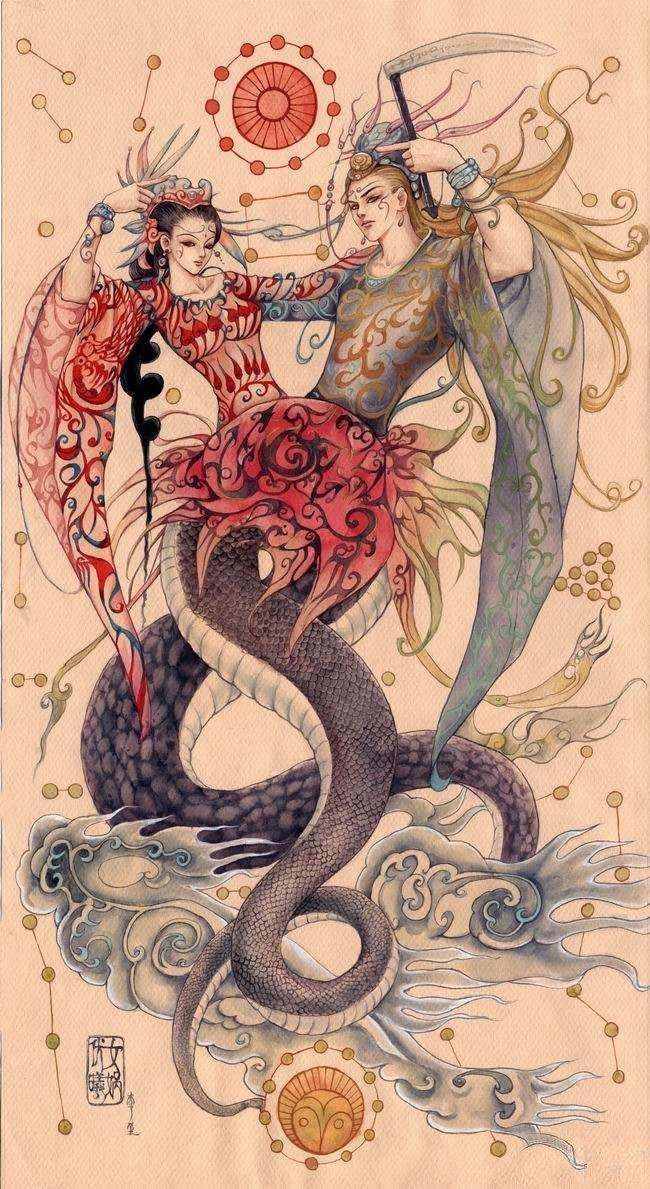 女娲和宓羲（宓羲女娲本是兄妹）