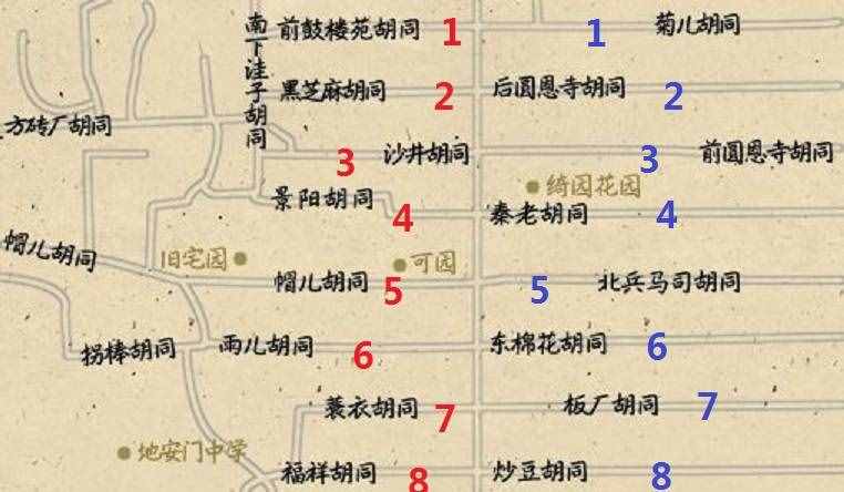 南锣鼓巷舆图（北京的南锣鼓巷的工具两侧各有八条胡同）